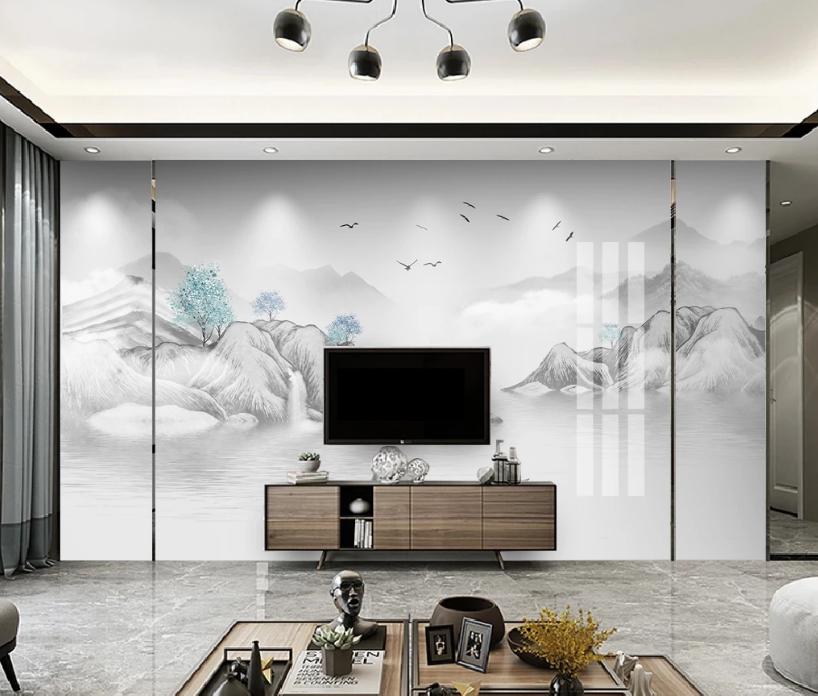 新中式石材背景墙效果图,新中式灰色瓷砖乳胶漆电视背景墙