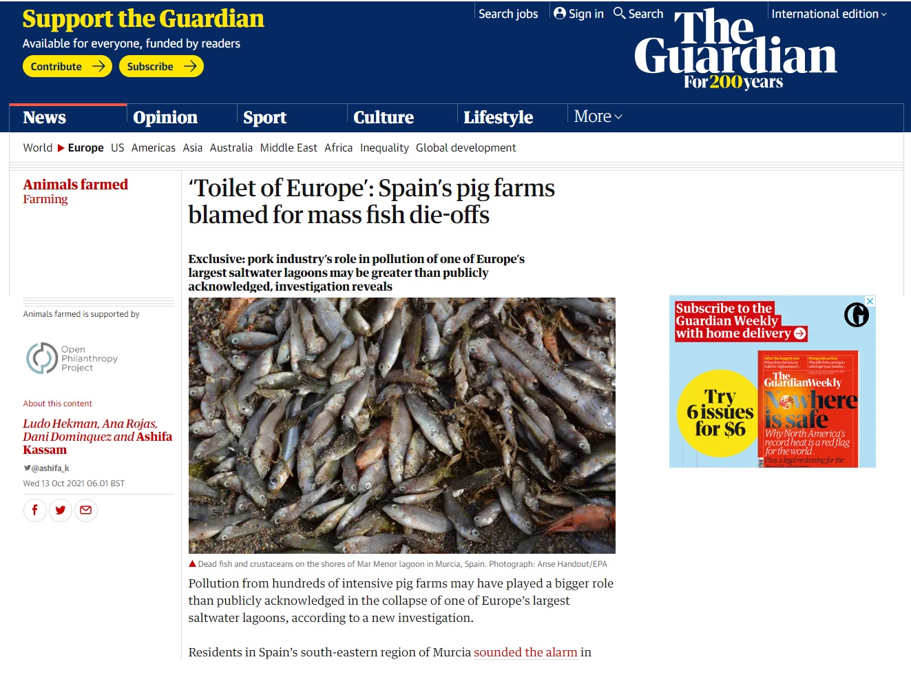 必须中国人来负责？西班牙最大潟湖污染：因为中国人爱吃猪肉