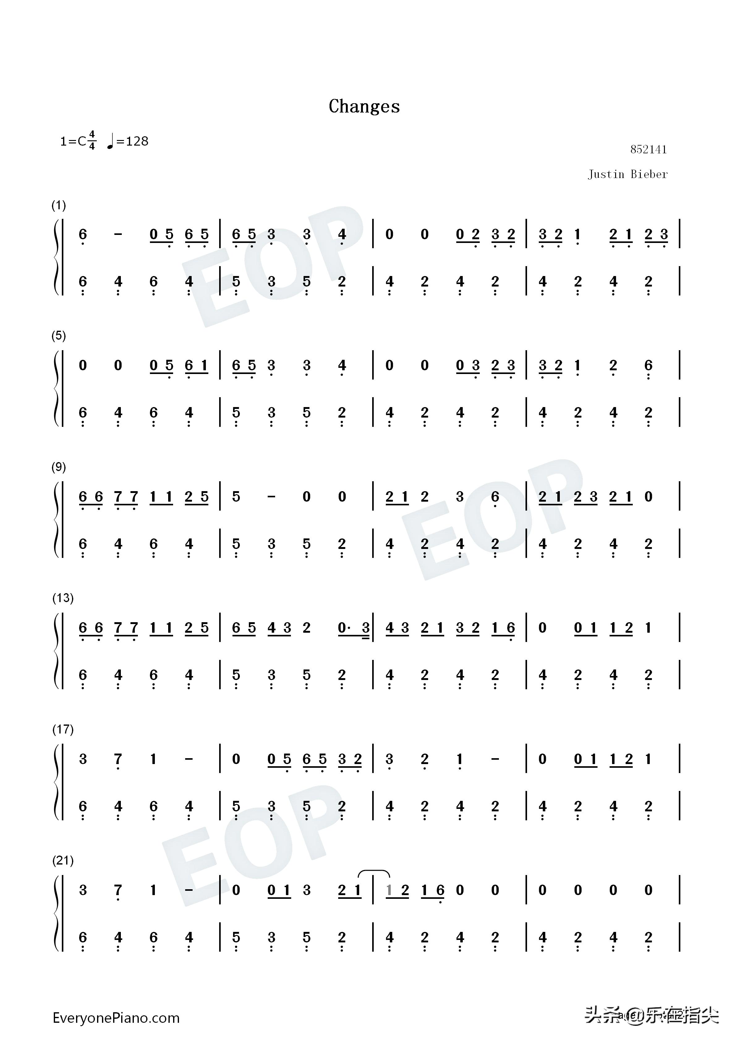 changes电子钢琴简谱完整版,changes钢琴谱简单版