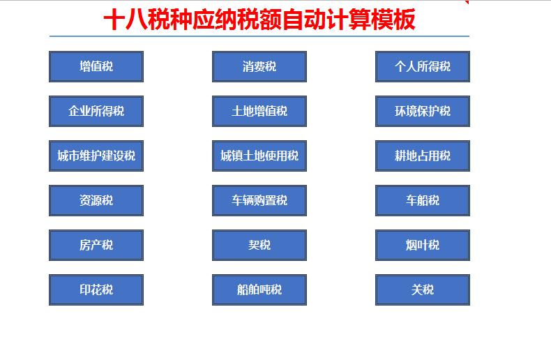 会计纳税专用计算器,18税种应纳税额自动计算模板
