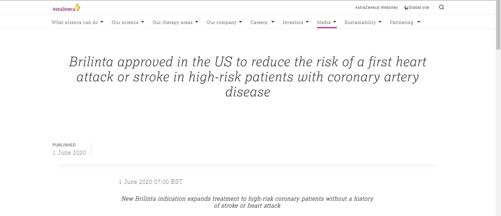冠心病新药Brinlinta在美获批，可降低首次心脏病发作/中风风险