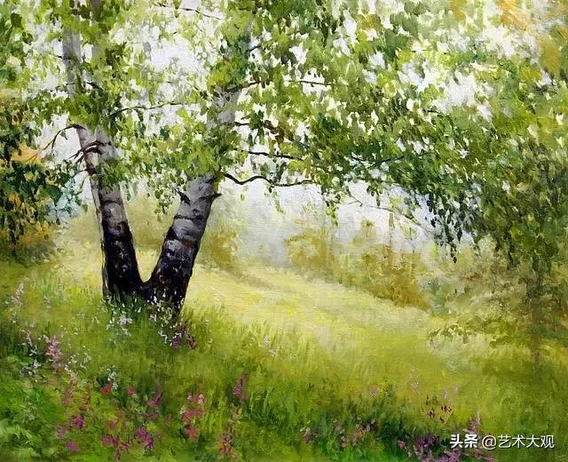 美丽又简单的远山倒影油画,风景优美的小河油画