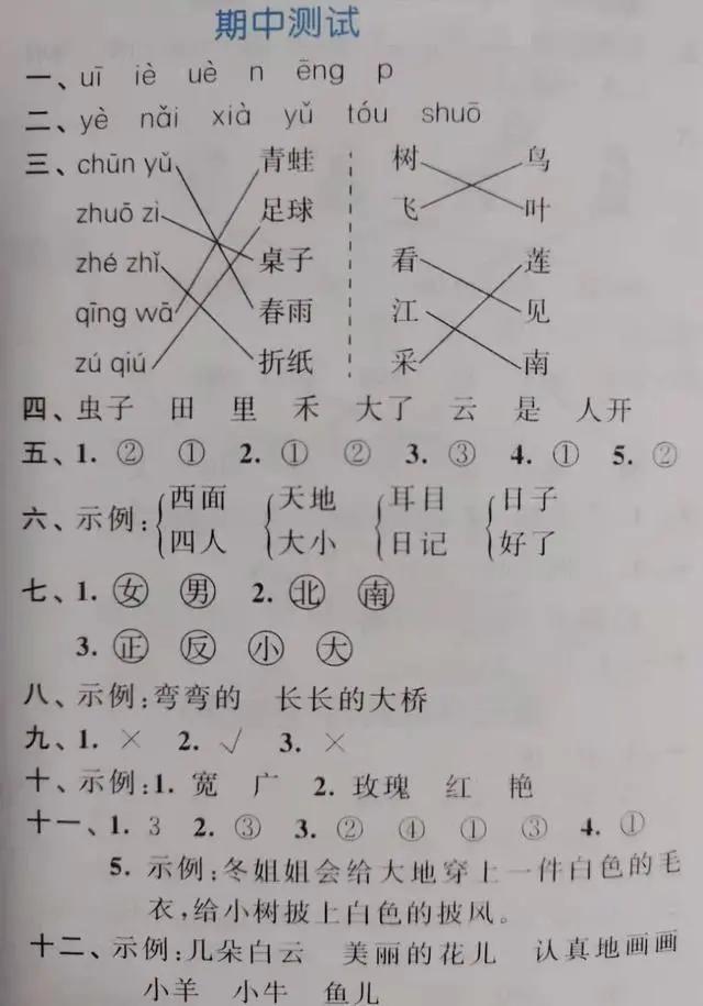 一年级语文期中试卷200题,2020年一年级语文试卷带答案