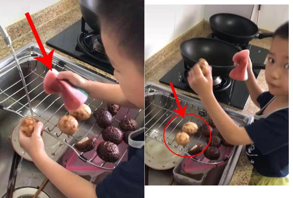 妈妈让儿子帮忙洗香菇，儿子顺便做个“抛光”，妈妈看后哭笑不得