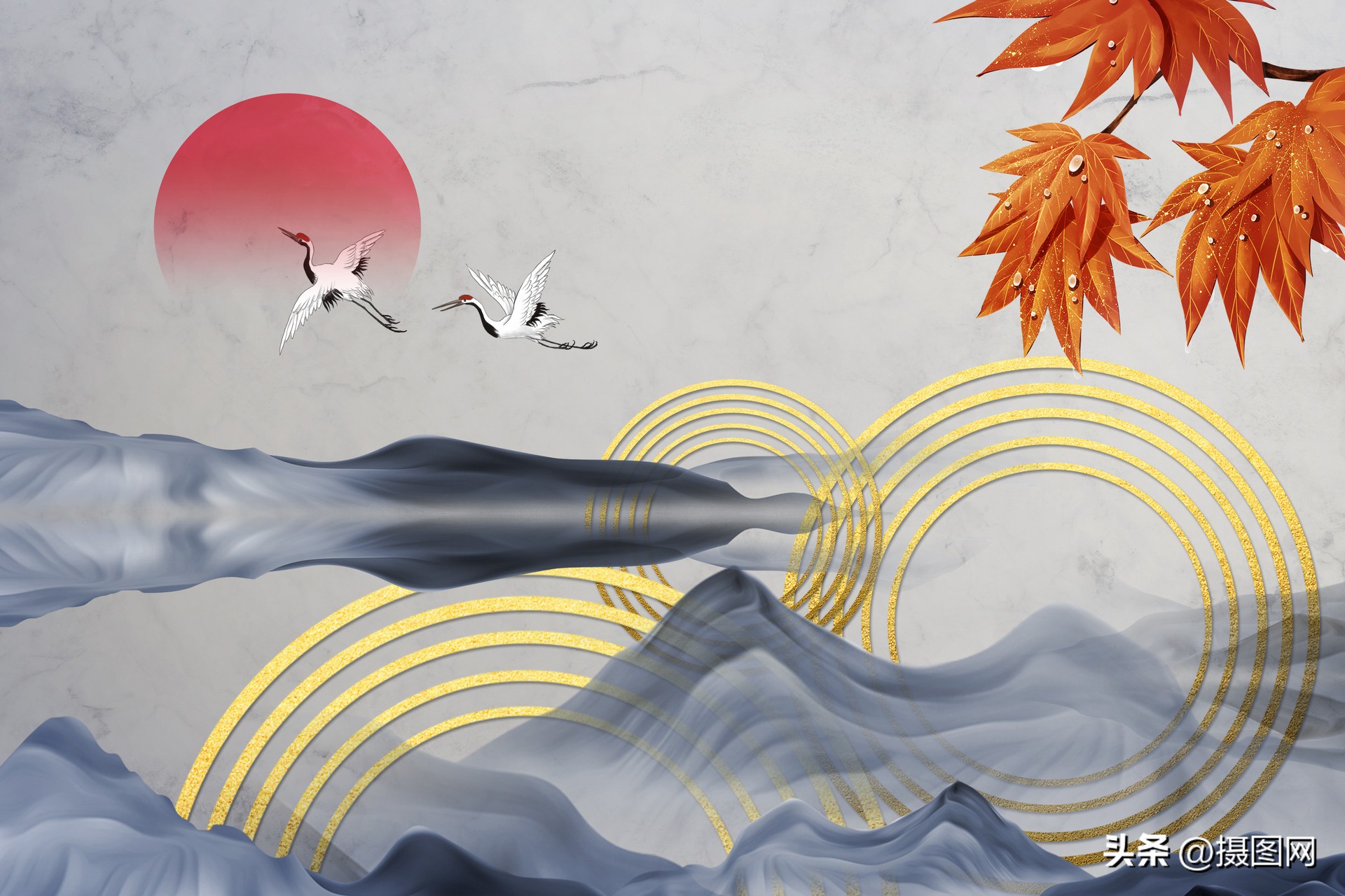 国潮风手绘山水设计素材图文,手绘国潮山水素材背景