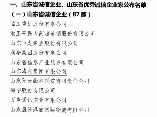 喜报！海化集团荣获“山东省诚信企业”称号