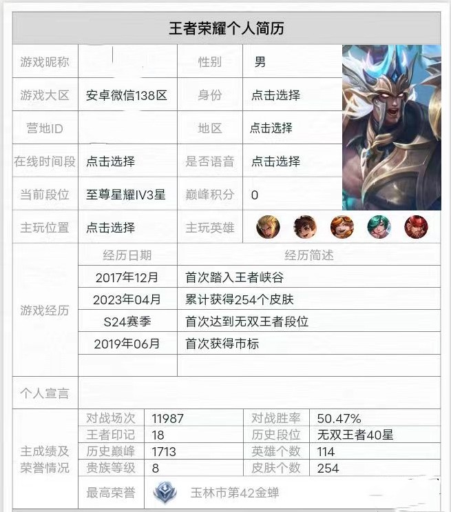 王者荣耀个人简介表格,王者荣耀个人简历发布到哪去了