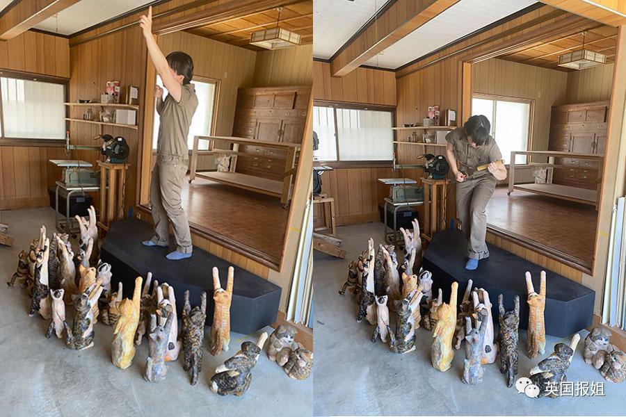 木头雕刻作品猫,手工雕刻木雕小猫