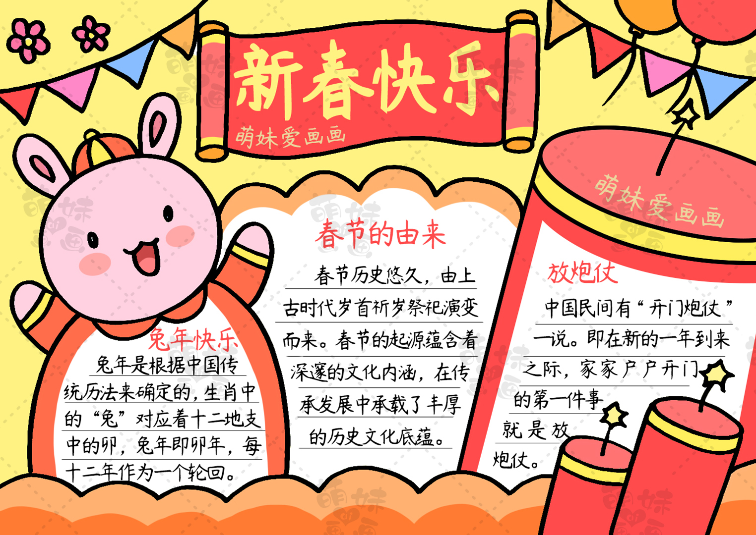 新春手抄报2023兔年简单又好看,兔年春节手抄报简单又漂亮字又少