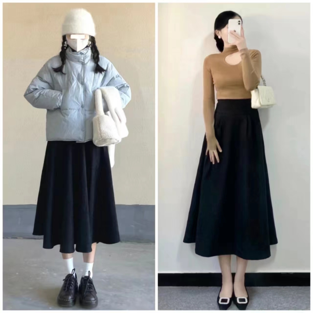 冬季流行鱼尾裙短款羽绒服穿搭,深色羽绒服搭配什么色的半身裙