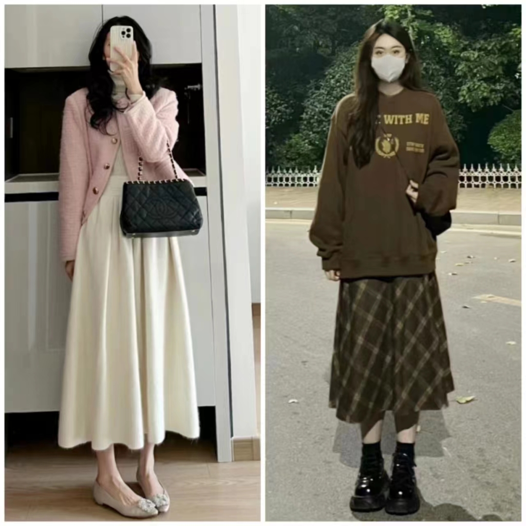 冬季流行鱼尾裙短款羽绒服穿搭,深色羽绒服搭配什么色的半身裙