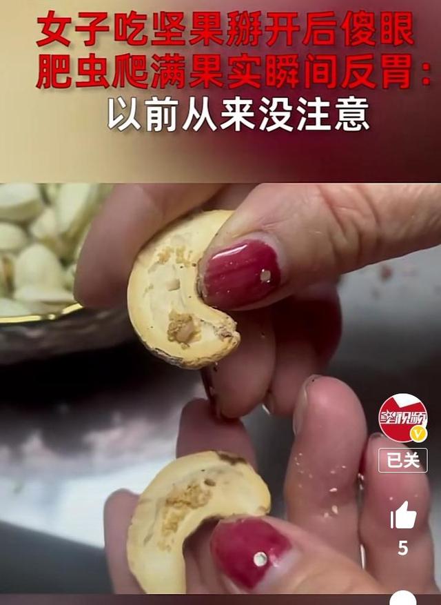 女子吃零食吃到一半发现不对劲,吃坚果吃出巨大虫子