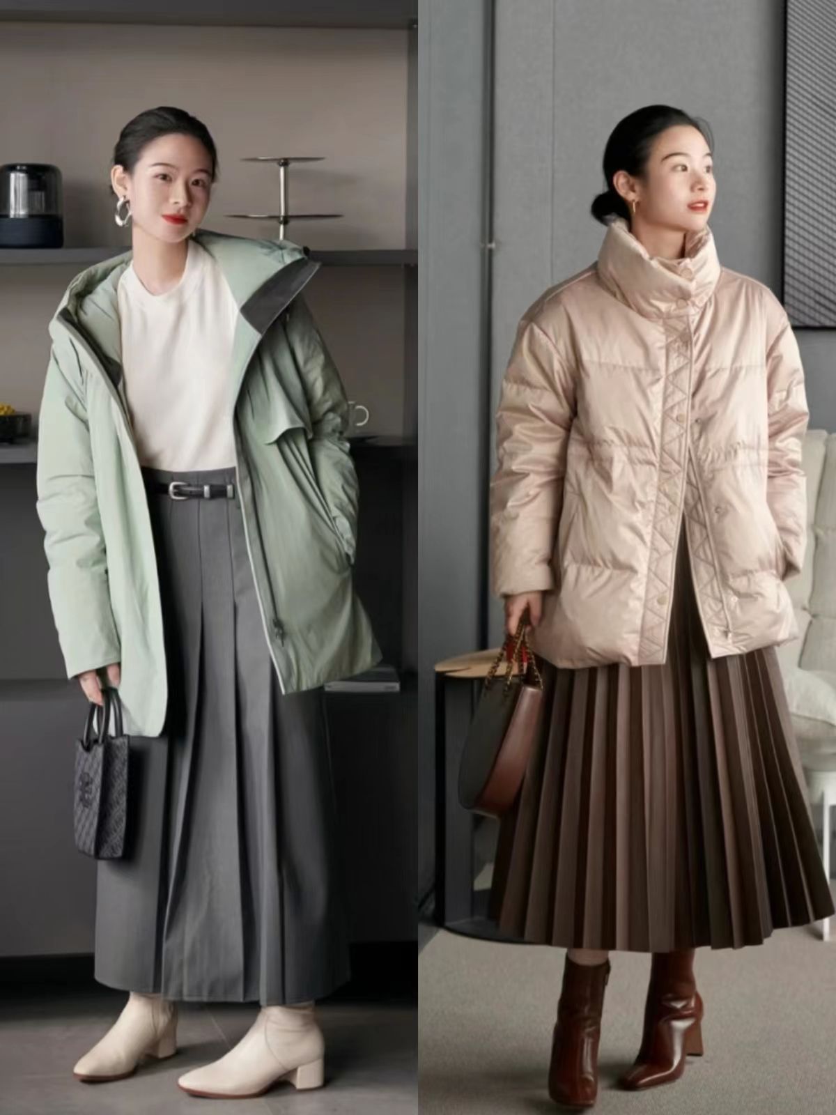 入冬了穿羽绒服,冬季高筒靴穿搭羽绒服