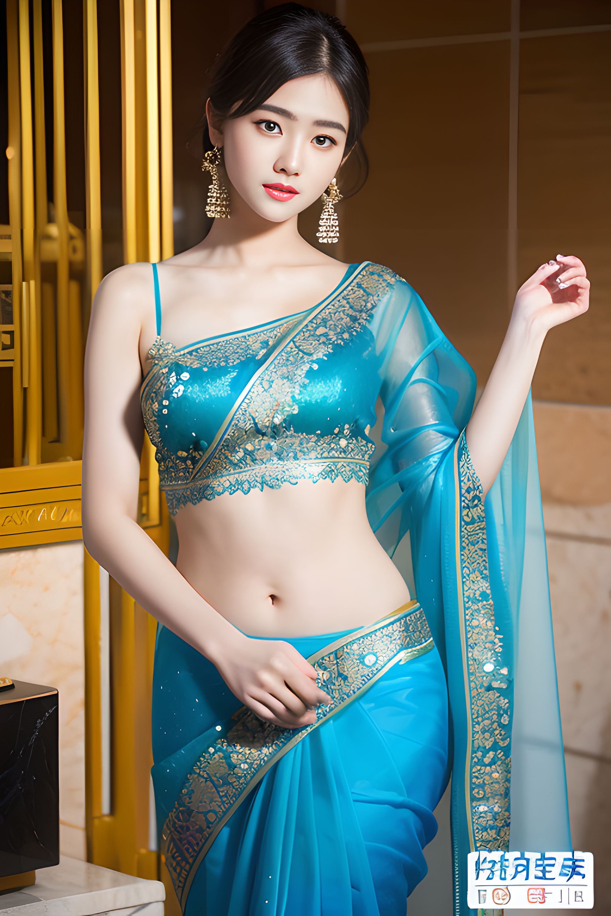 一袭青衣薄纱轻盈灵动,纱丽的穿衣搭配