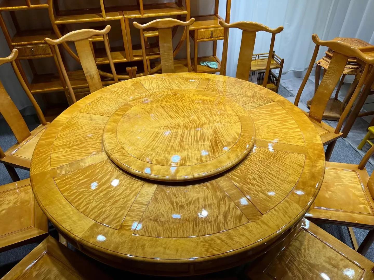 金丝楠木圆形餐桌7件套,金丝楠木圆餐桌水波纹