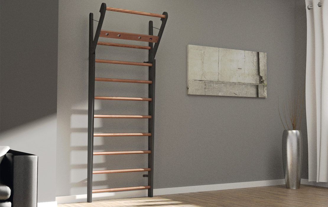 纯实木雕琢的WallBars肋木架，居家拉伸、攀爬、做引体向上