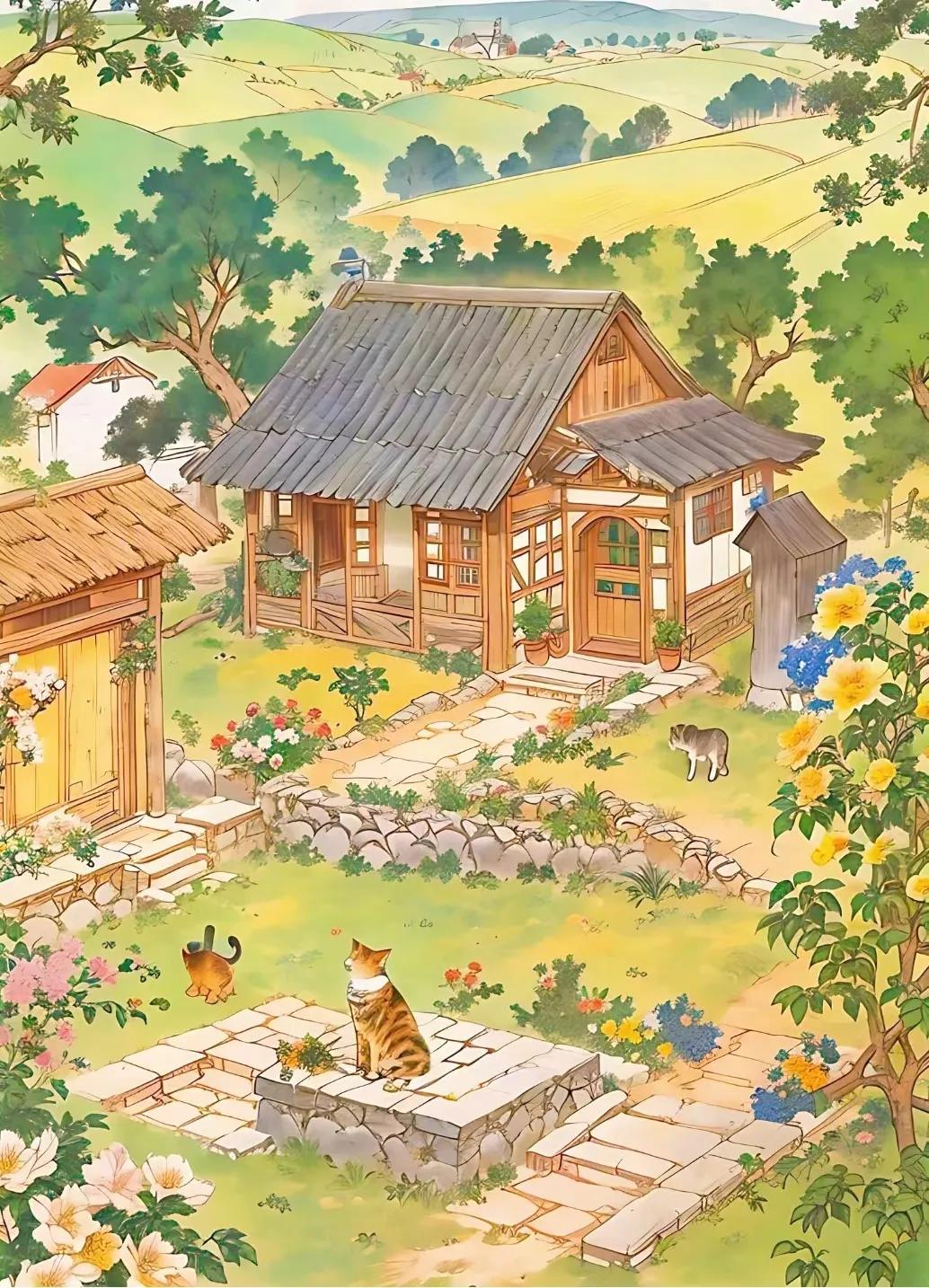 唯美治愈插画田园风,好看的古代风景田园插画