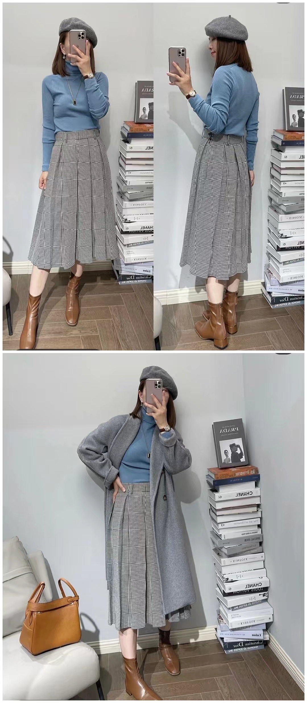 千鸟格半身裙秋冬款a字版30岁,黑白千鸟格半身裙配原绒色毛衫