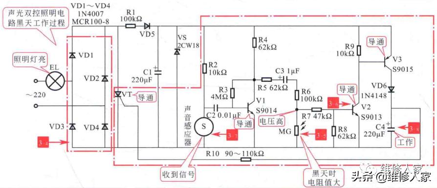 照明电路双控工作原理,声光双控电子自动开关如何接线