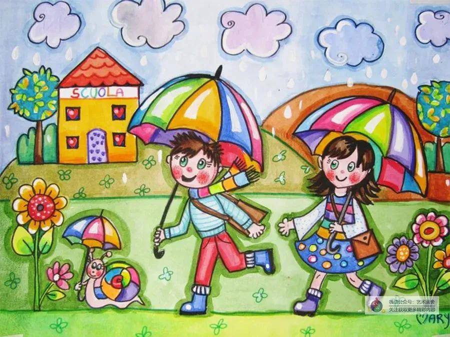 春日古诗配图儿童画,春日荡秋千放风筝儿童画