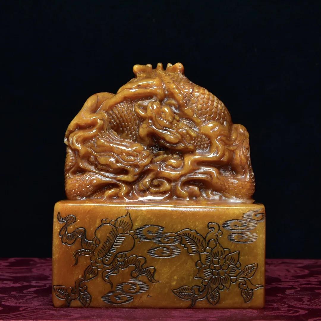 清代寿山石芙蓉冻田黄印章,回流老寿山田黄石雕龙凤呈祥砚台