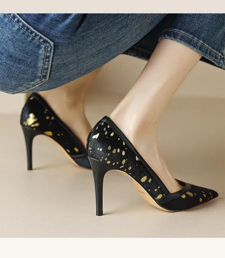 马毛豹纹高跟鞋,马海毛黑色高跟鞋