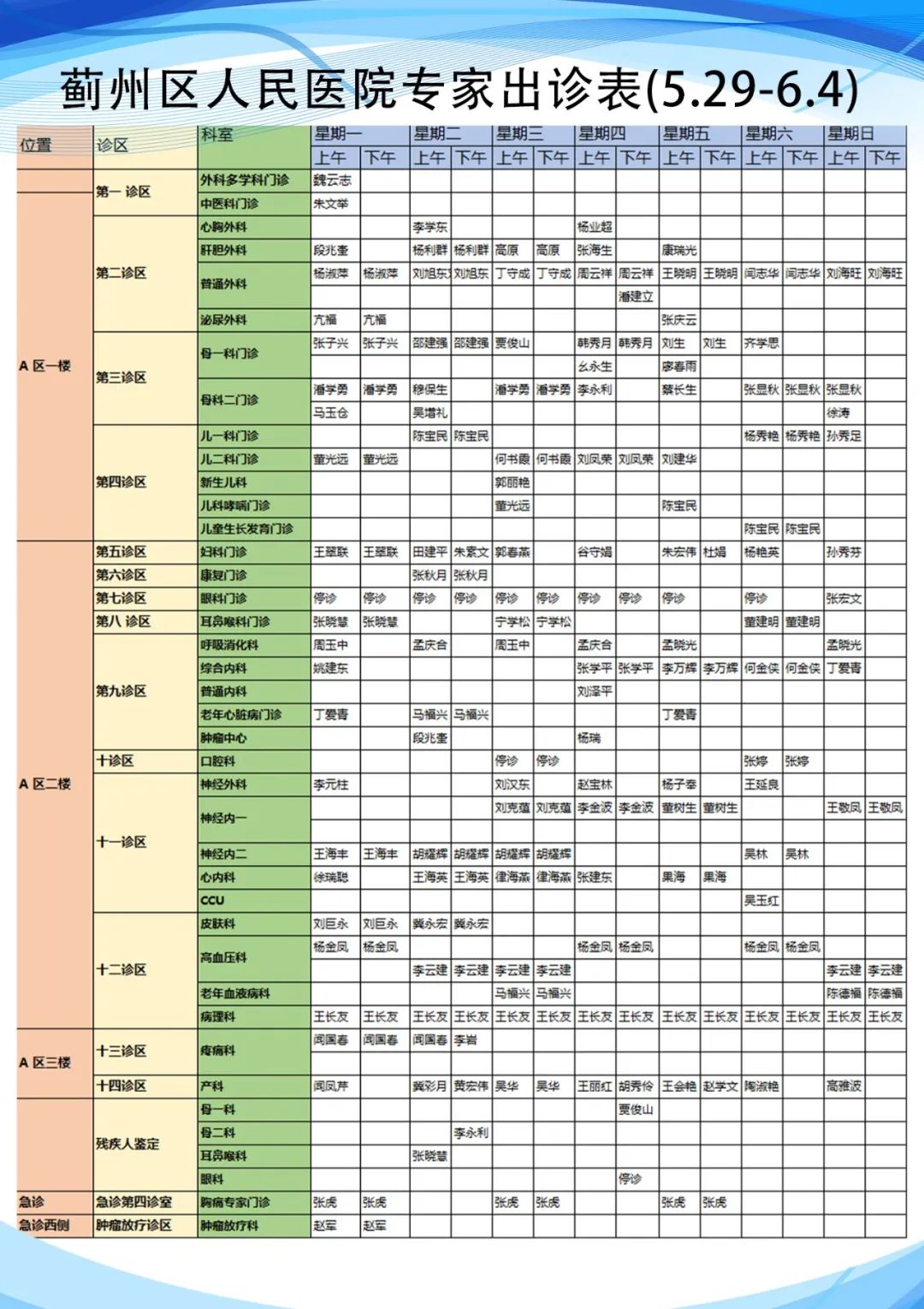 蓟州区人民医院专家门诊和普诊排班表来啦！2023年5月29日-6月4日