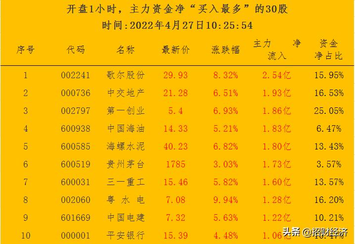 今日主力资金最大买入100股名单,开盘竞价主力资金净流入