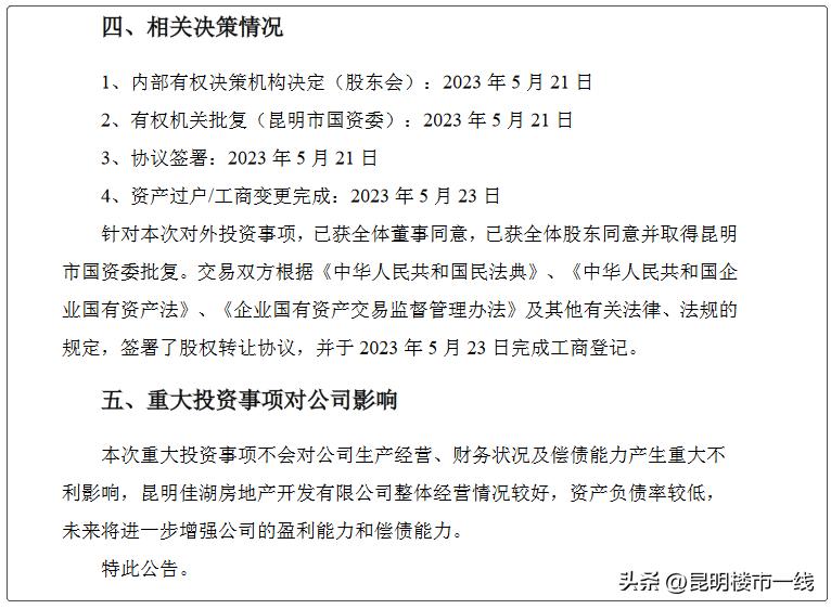 昆明市安居集团进行重大投资,昆明佳湖房地产开发有限公司改革