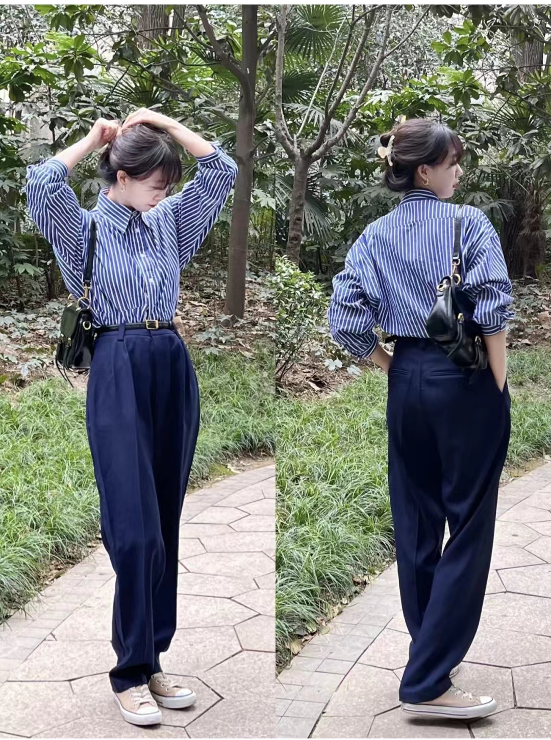 红色条纹衬衫配什么裤子,燕麦裤子搭配蓝白条纹衬衫好看吗