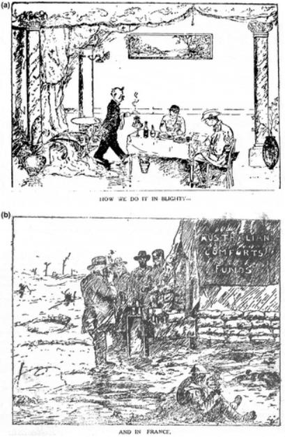 论统治卡通讽刺作为战壕文化叙事，如何描述士兵的抱怨和忍耐？