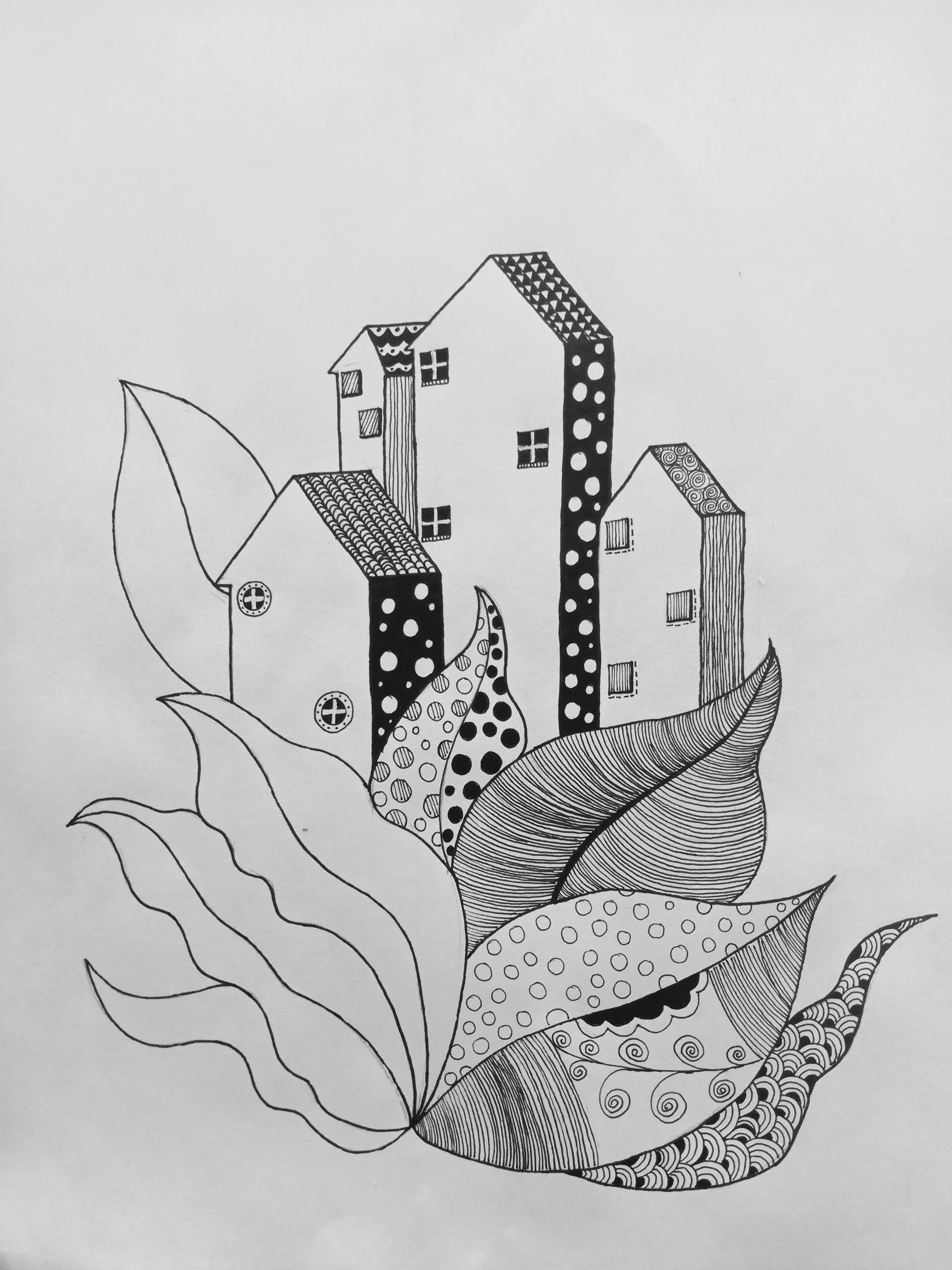 简笔画小楼的画法,朝露繁花简单绘画过程