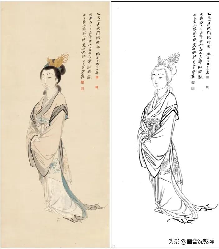 张大千临摹敦煌壁画白描稿,张大千工笔人物头部白描