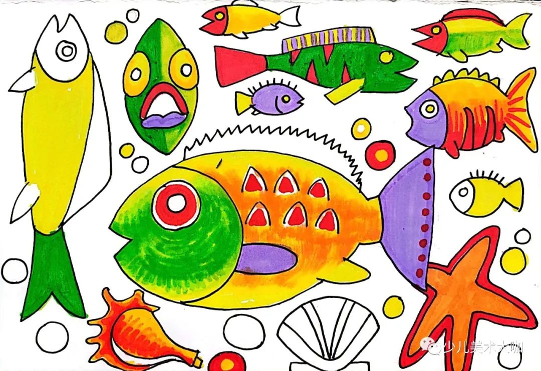 深海鱼群创意美术粘贴画,深海里的鱼群美术教案