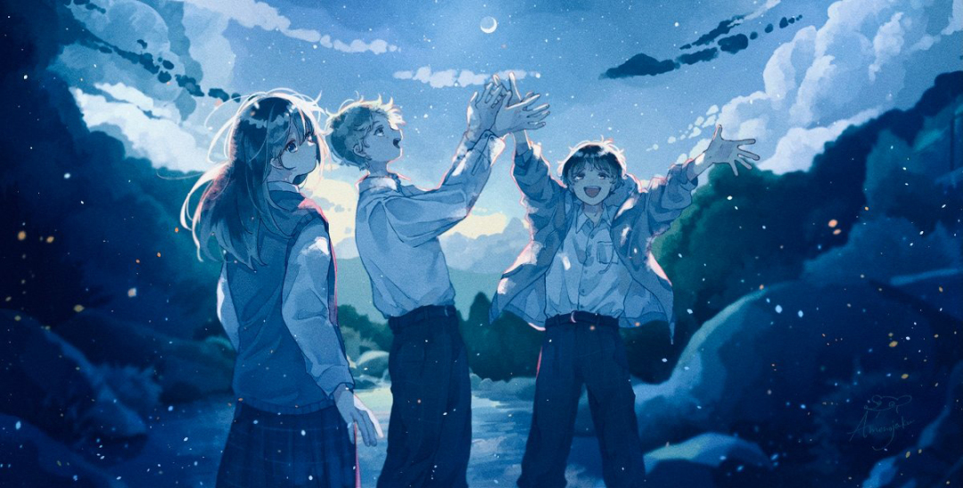 颜色丰富明亮吸引人的治愈系插画,蓝色星空插画