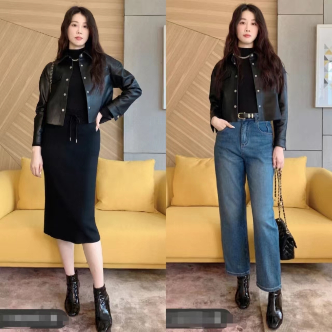 秋冬黑色宽松皮衣两件套,40-50岁洋气皮衣套装