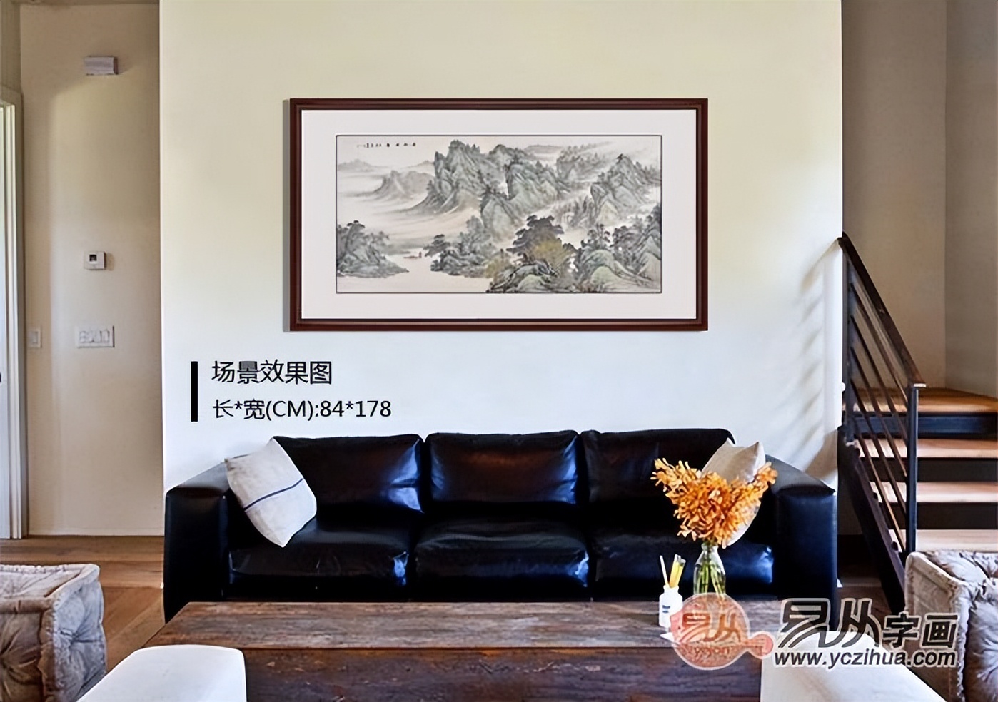 客厅鸿运当头山水画手绘,壁画客厅现代简约山水画高清图片