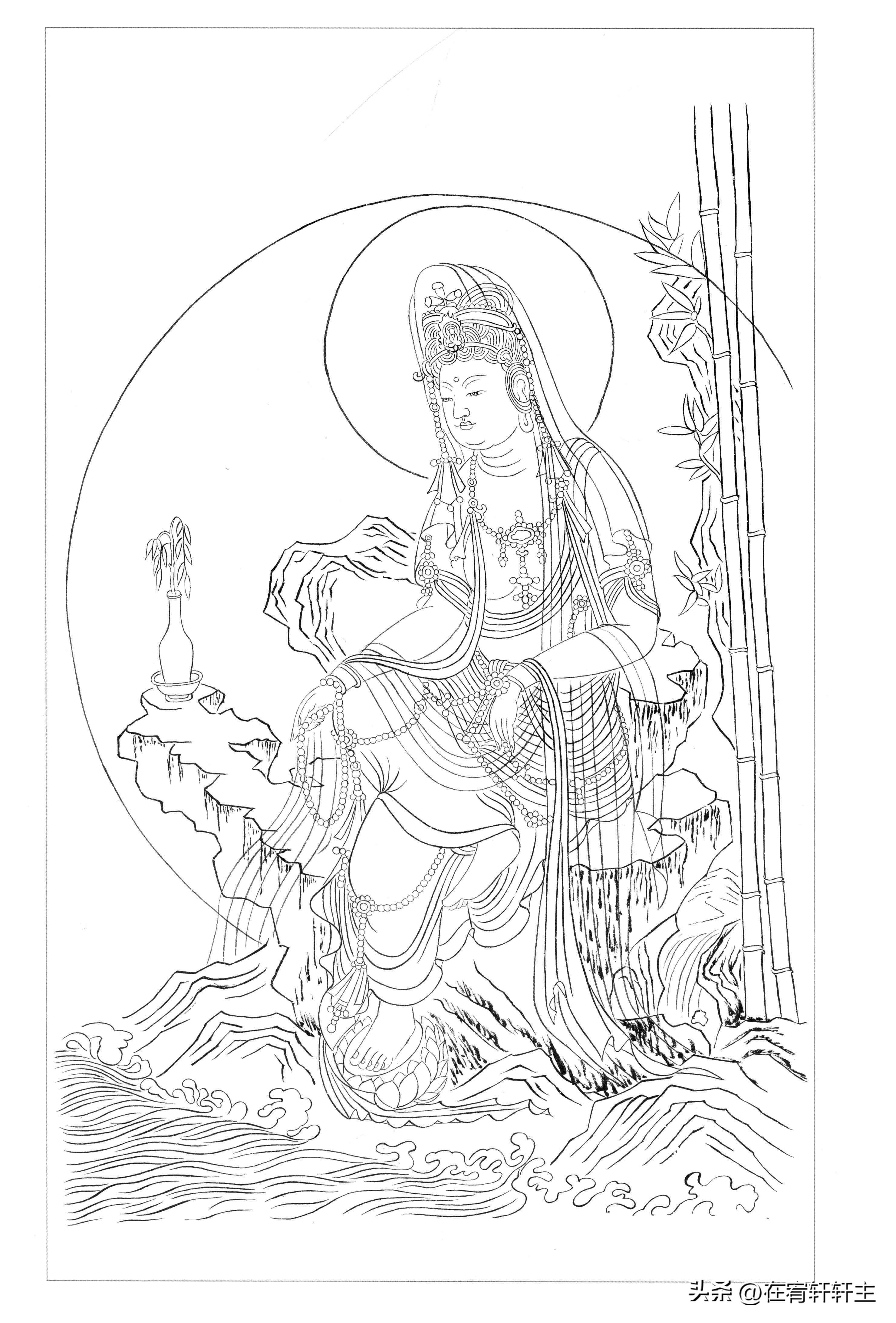 工笔白描观音苏柏斗,工笔画国画白描观音