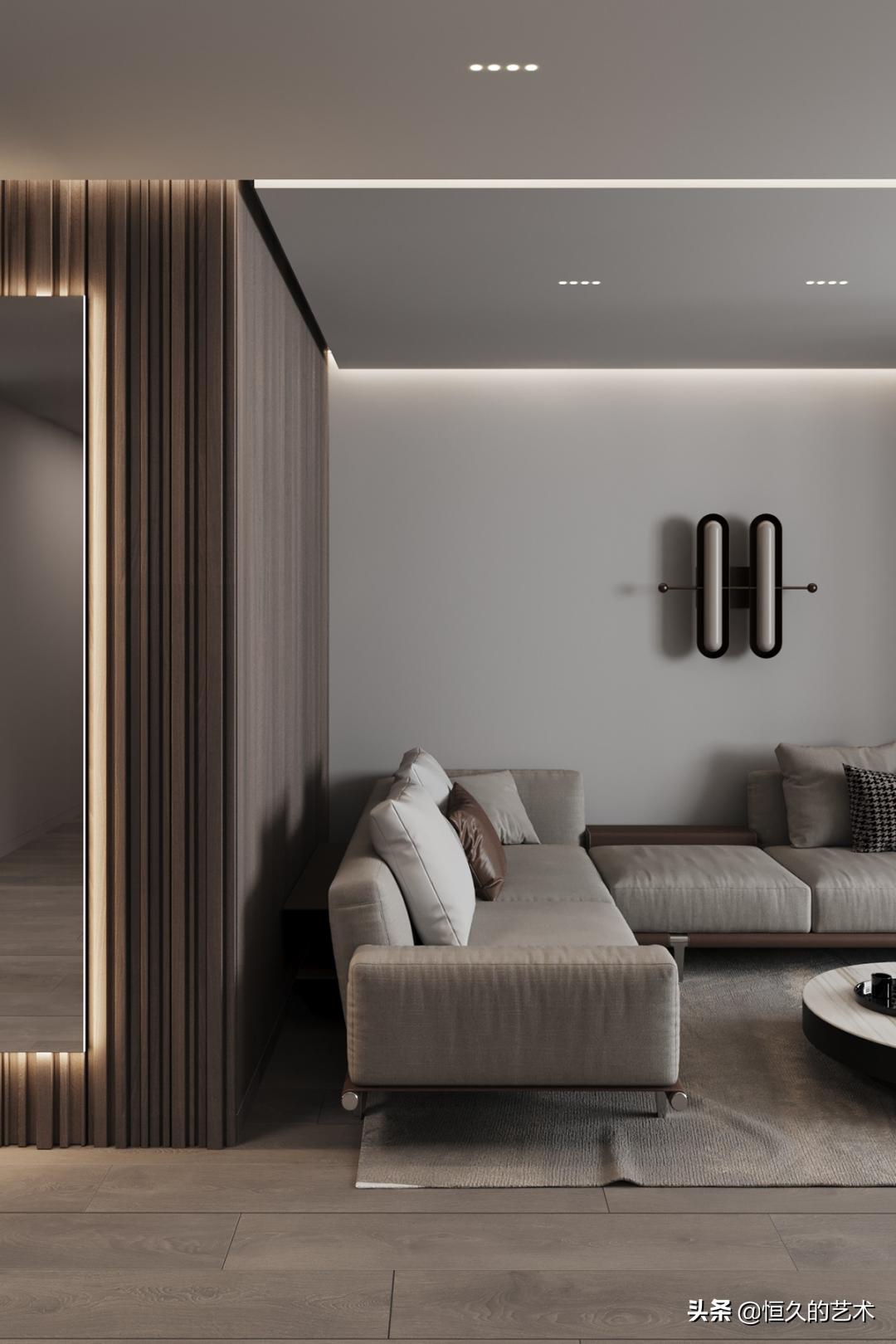 客厅石材木饰面效果,石材和实木搭配装修效果图