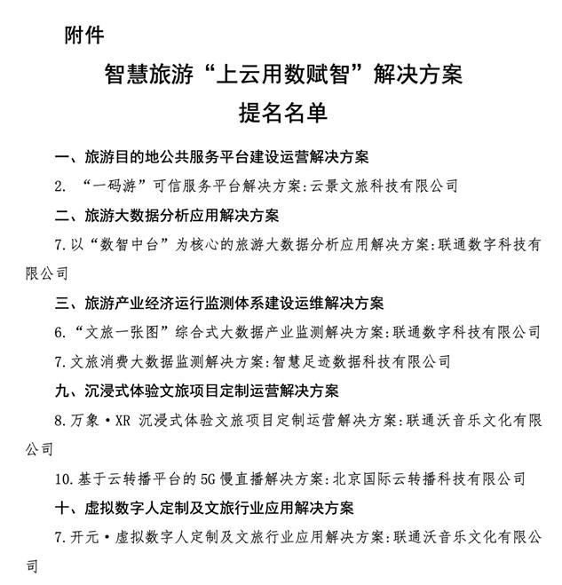 联通文旅7个方案成功入选文旅部“上云用数赋智”解决方案提名