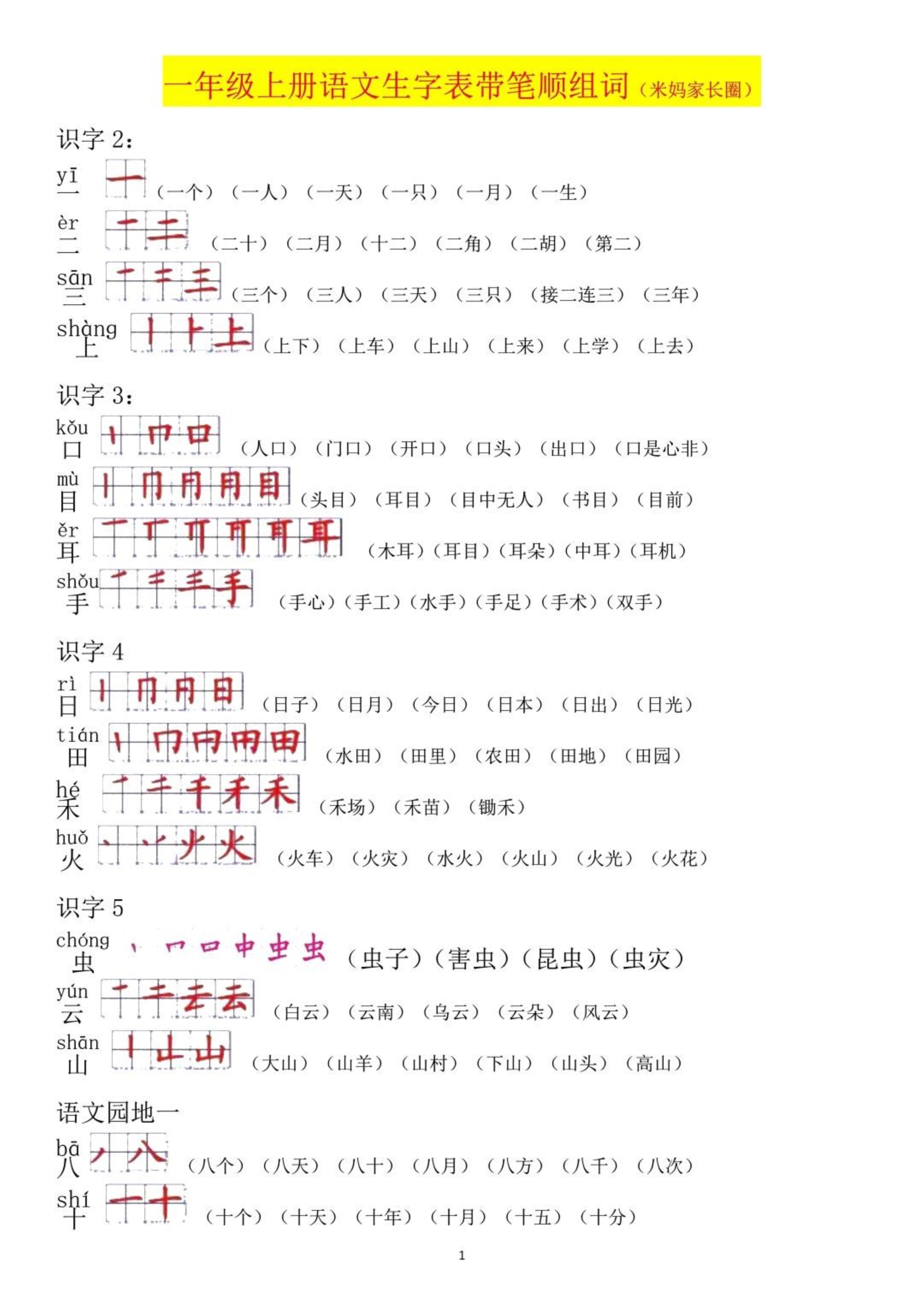部编版一年级下册生字笔顺打印版,人教版一年级上册语文生字表笔顺