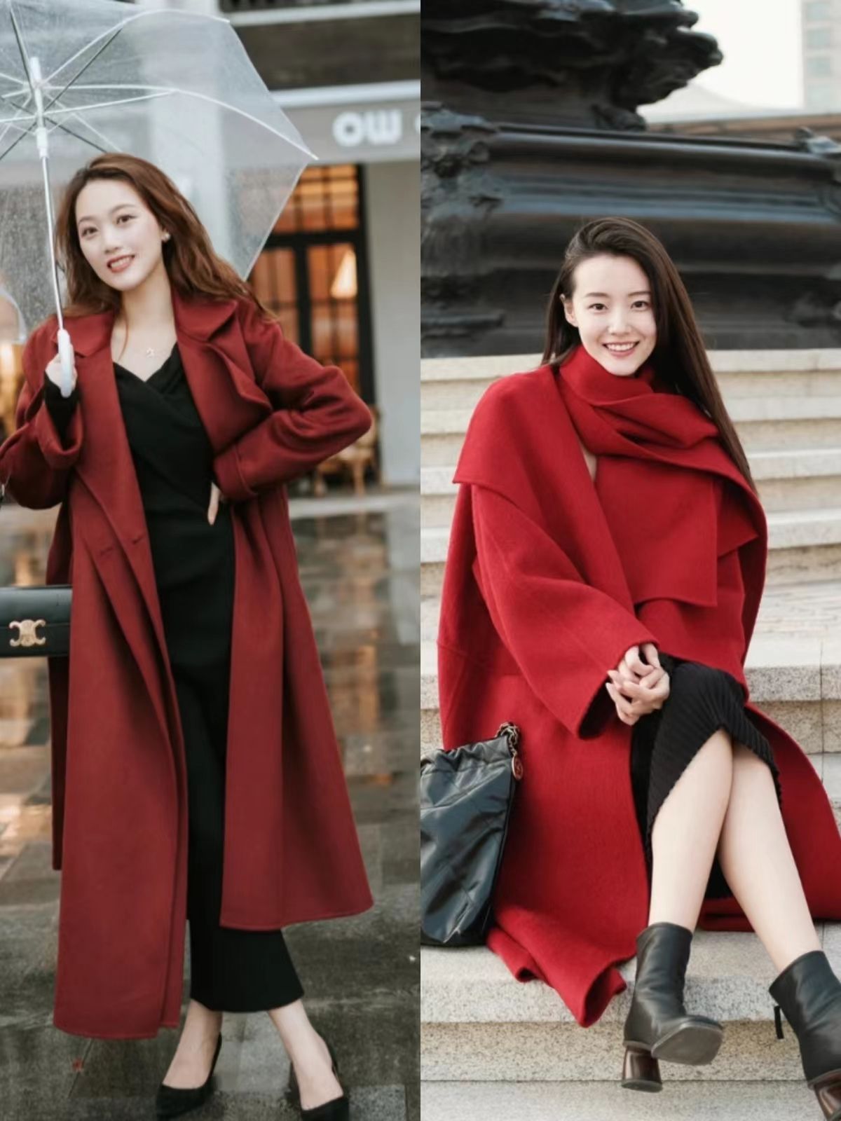 黑红色大衣怎么搭配出高级感,黑色大衣加红色内搭配什么鞋好看