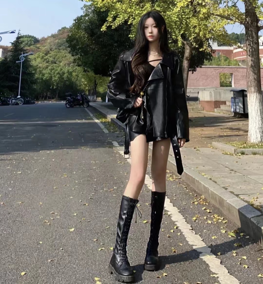 秋冬黑色宽松皮衣两件套,40-50岁洋气皮衣套装