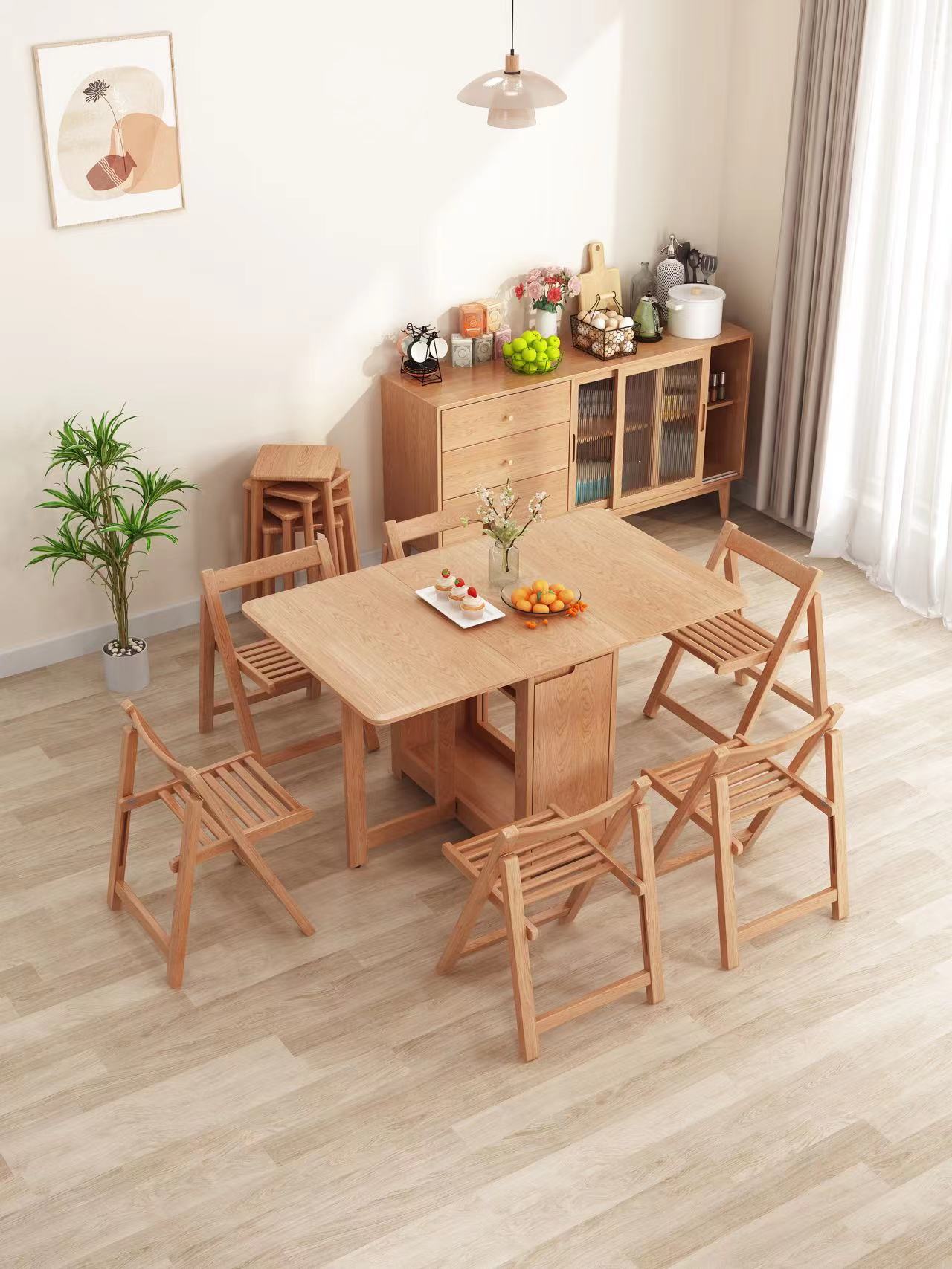 折叠餐桌餐边柜一体小户型,实木餐桌折叠可伸缩长桌小户型