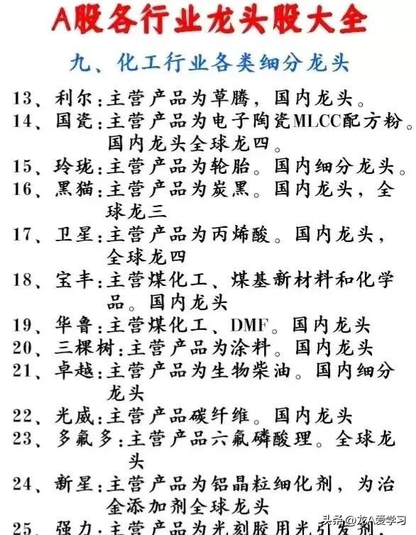 最新行业龙头股票一览表,最新行业龙头股附表