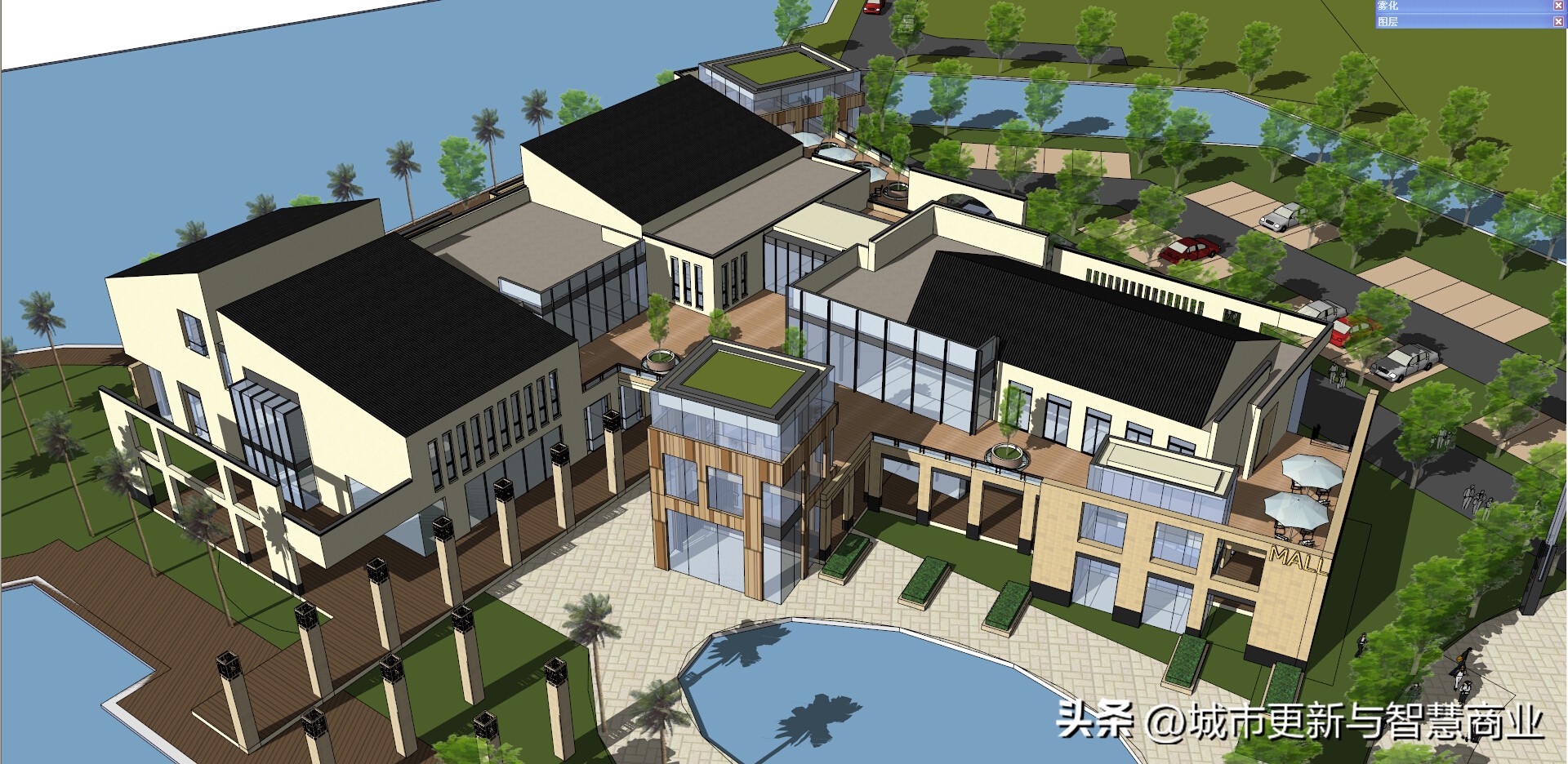 滨水公园su模型图片,苏州商业街su模型