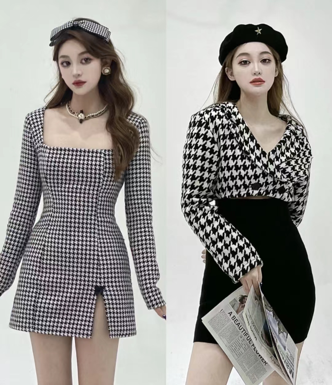 千鸟格半身裙秋冬款a字版30岁,黑白千鸟格半身裙配原绒色毛衫