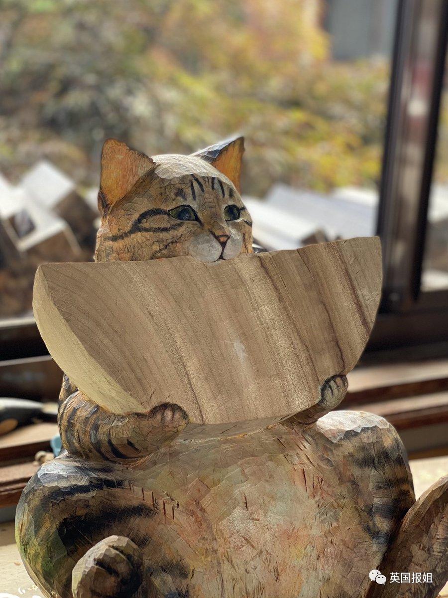 木头雕刻作品猫,手工雕刻木雕小猫