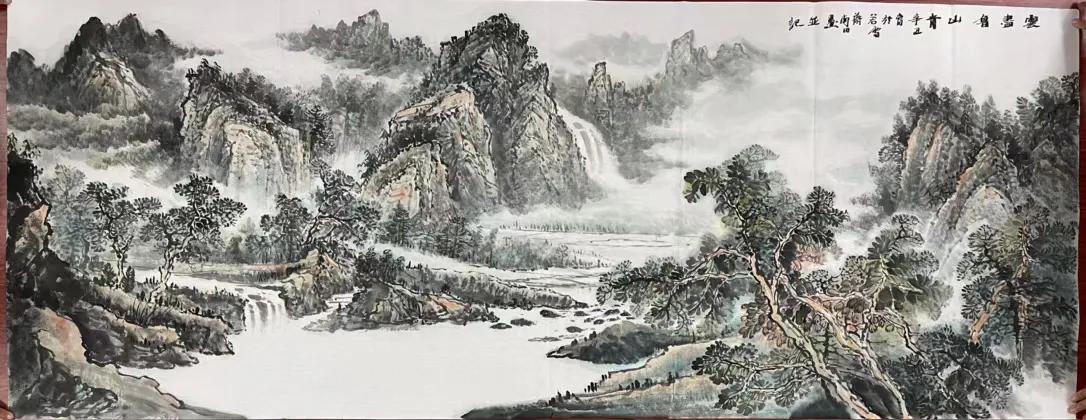 办公室山水画背景墙挂画流水生财,鸿运当头山水画背景墙办公室