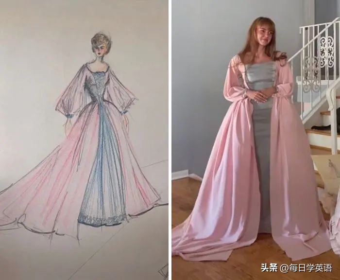 奶奶看到孙女设计的婚服,孙女用奶奶的设计草图制作成衣